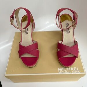 Michael Kors Kami Ankle Strap Fuchsia Leather Cork Wedge SandalsI Sz 6 NEW